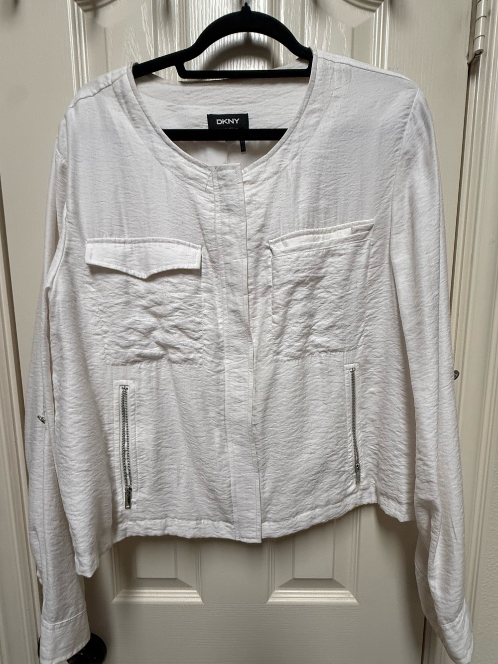 DKNY White Textured Zip-Pocket Blazer